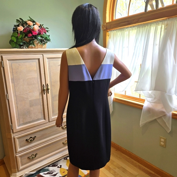 Classic Jones of New York Blue, White, Black Sheath Dress, Size 12 - Picture 4 of 7